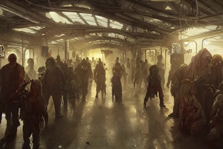 Image similar to painting of zombie apocalypse in subway, ultra realistic, concept art, intricate details, eerie, highly detailed, photorealistic, octane render, 8 k, unreal engine. art by artgerm and greg rutkowski and alphonse mucha