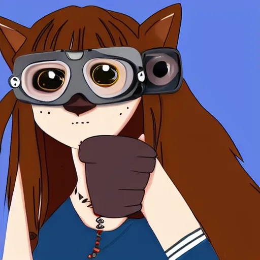 Image similar to cat person with goggles, anime style, brown fur