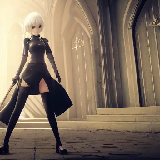 Image similar to 2B nier automata standing in front of a church, detailed, artstation, concept art, Unreal Engine 5 render, 8K