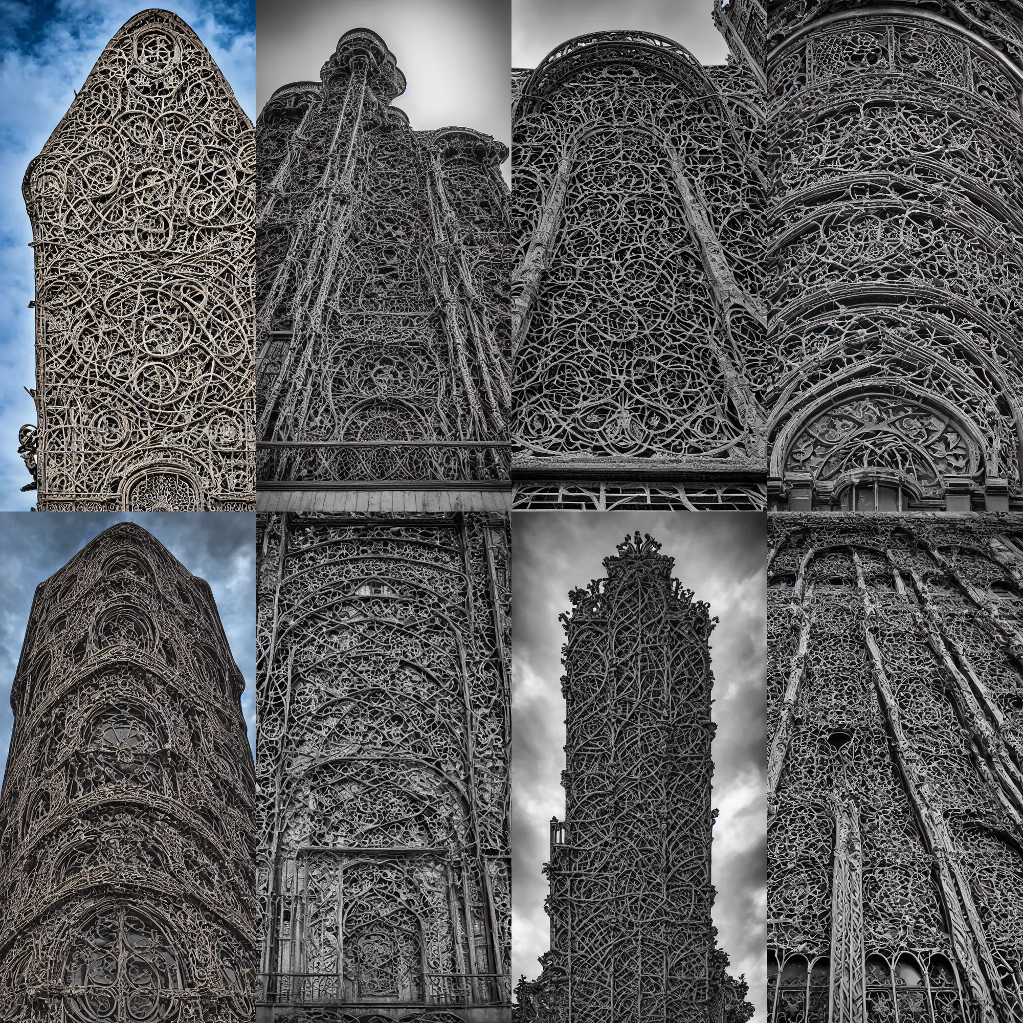 Prompt: a professional photograph of a modern building by Louis Sullivan and H.R. Giger covered in black ironwork vines, rusticated stone base, a dramatic sky, Sigma 75mm, ornate, very detailed, hyperrealistic, liminalspaces, Symmetrical composition, centered, intricate, panoramic, Dynamic Range, HDR, chromatic aberration, Orton effect, 8k render, photo by Marc Adamus, cinematic, cgsociety, artstation,