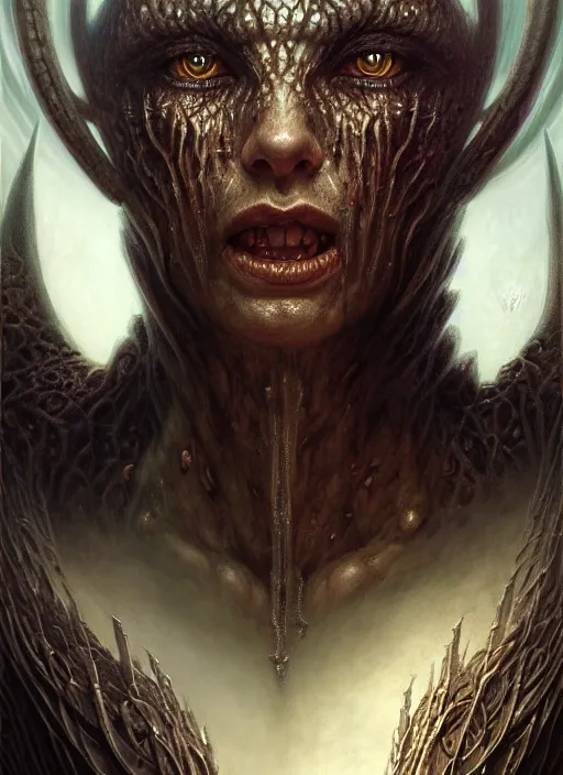 Image similar to closeup portrait shot of a demon in dungeon in a scenic dystopian environment, intricate, elegant, highly detailed, centered, digital painting, artstation, concept art, smooth, sharp focus, illustration, artgerm, tomasz alen kopera, peter mohrbacher, donato giancola, joseph christian leyendecker, wlop, boris vallejo