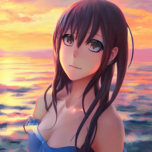 Prompt: an anime girl portrait, sunset, ocean in distance, oil painting, pale colors, high detail, 8 k, wide angle, trending on artstation,