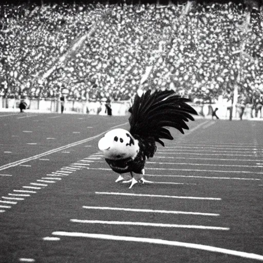 Image similar to the famous funky chicken runs across a football field, interrupting the big game, 3 5 mm