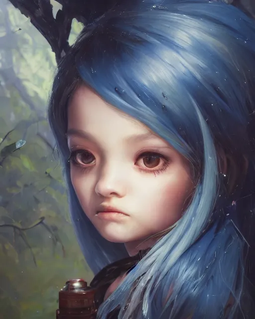 Image similar to a highly detailed oil painting of A little nightmare girl, Brown eyes, in professional makeup, with length blue hair, and a tall tree, and large obsidian crystals, cinematic lighting, dramatic atmosphere, by Dustin Nguyen, Akihiko Yoshida, Greg Tocchini, Greg Rutkowski, Cliff Chiang, 4k resolution, trending on artstation
