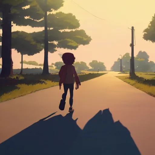 Image similar to walking out of town, lookin'for a better place, something's on my mind, always in my head space, cory loftis, james gilleard, atey ghailan, makoto shinkai, goro fujita, studio ghibli, rim light, exquisite lighting, clear focus, very coherent, plain background