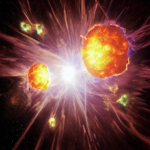 Prompt: “exploding collision between two neutron stars, creepy lighting, photorealistic”