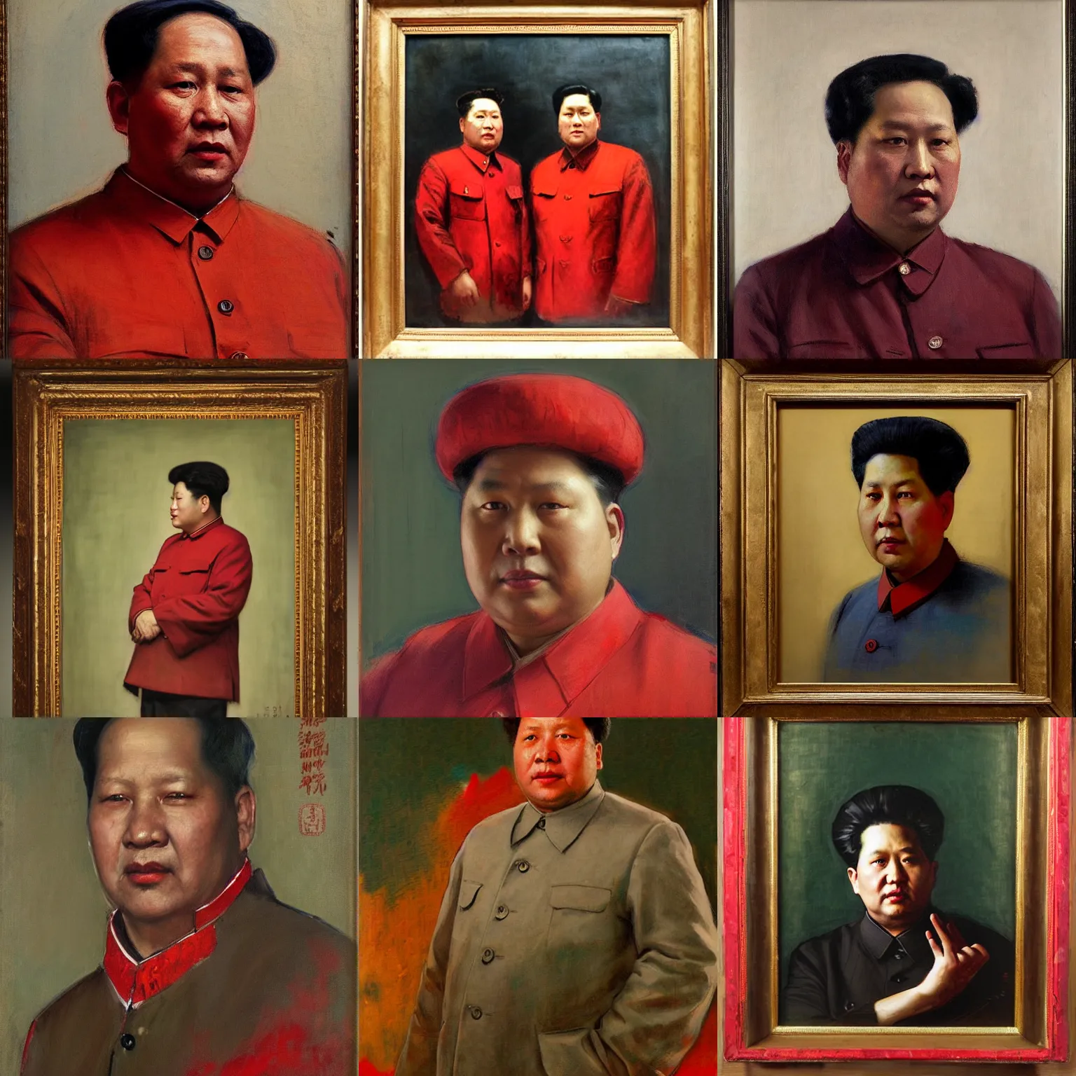 Prompt: Solomon Joseph Solomon and Richard Schmid and Jeremy Lipking victorian genre painting portrait painting of a Mao Zedong with a red background