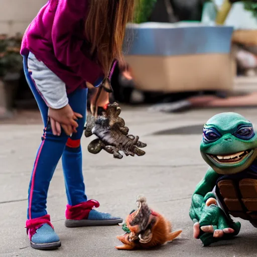 Image similar to color shot of a girl and boy playing with their pet live action teenaged mutant ninja turtles, photorealistic,8k, XF IQ4, 150MP, 50mm, F1.4, ISO 200, 1/160s, natural light