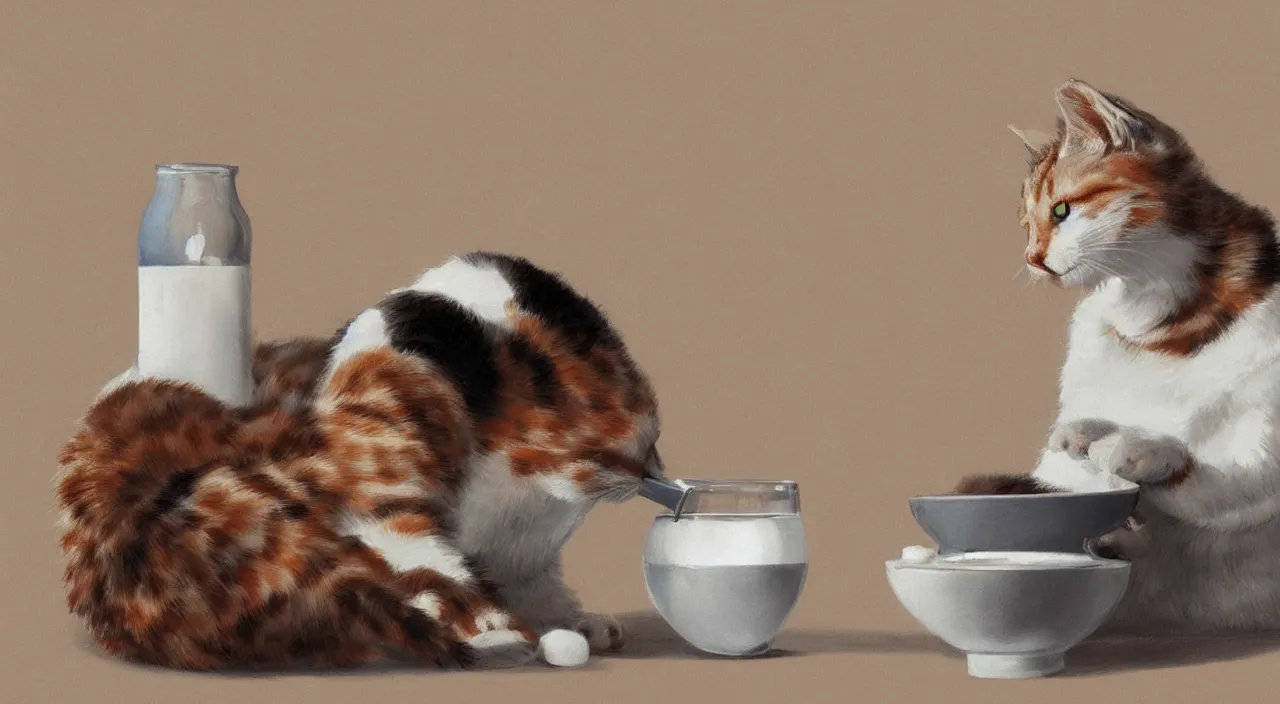 Prompt: cat drinking milk from a bowl, background image, artstation,