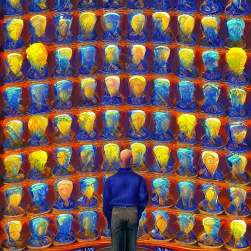 Prompt: 5 0 bald men in different by rob gonsalves and dale chihuly