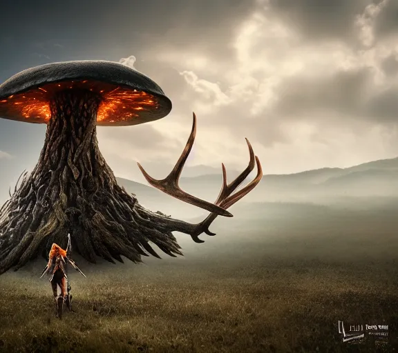 Image similar to a photo of an armored woman warrior redhead with antlers sitting on a giant mushroom that covers a whole village and reaches above the clouds by luis royo. intricate. lifelike. soft light. sony a 7 r iv 5 5 mm. cinematic post - processing