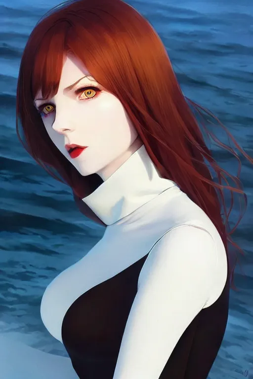 Image similar to beautiful pale vampire with auburn hair in a white turtleneck dress, on a super yacht, by guweiz and wlop and ilya kuvshinov and and moebius, artgerm, symmetrical eyes, aesthetic, gorgeous, stunning, alluring, attractive, half body portrait, fine details, detailed, artstation, deviantart, pinterest, digital art