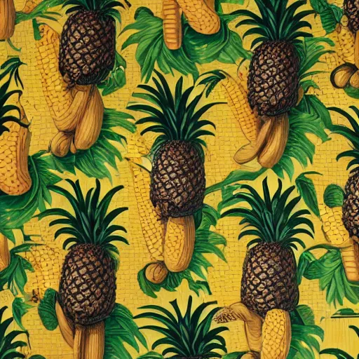 Image similar to pineapples, corn, and bananas in the jungle by kehinde wiley