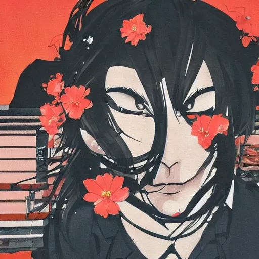 Prompt: black cat, moon, flowers, super detailed, takehiko inoue, tatsuro kiuchi, by ilya kuvshinov, by greg hildebrandt