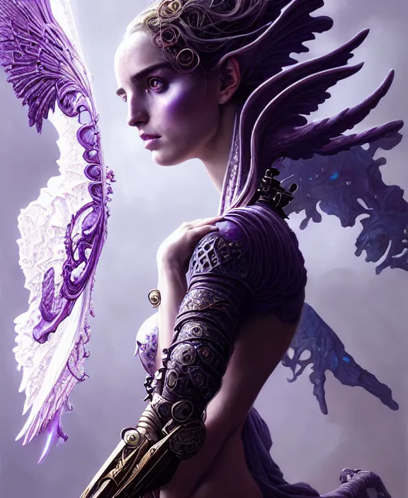 Image similar to beautiful fantasy character portrait, ana de armas, ultra realistic, wide angle, intricate details, the fifth element artifacts, tesseracts, highlights of purple, highly detailed by peter mohrbacher, hajime sorayama, wayne barlowe, boris vallejo, paolo eleuteri serpieri, dishonored 2, white gown, angel wings