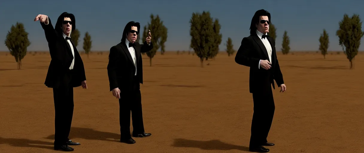 Image similar to john travolta as vincent vega suprised gesture nobody there ghost town tumbleweed bushes on ground shrugging hand at waist level. standing in black suit high noon golden ratio, 4 k, detailed, art gorillaz style by jamie hewlett and greg rutkowsky, trending on artstation, cinematic lighting, filmic grain, golden hour, detailed, 4 k