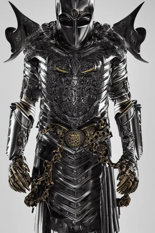 Image similar to hyper realistic glorious ancient celtic batman in a obsidian metal armor, futuristic design, designed by makoto kobayashi and luca zampriolo, portrait, cyberpunk style, wood and gold details, intricate, extremely detailed, ornate, deep of field, hard surface, exoskeleton, substance designer metal