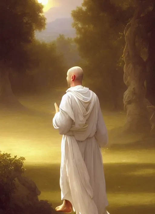 Image similar to oil painting portrait of a tonsured dominican monk in a white habit, striding dancing through a flourishing garden at sunset with a monastery in the background, hazy, digital art, chiaroscuro, artstation, cinematic, golden hour, digital art painting by greg rutkowski, william - adolphe bouguereau, hazy atmosphere, flowers, cinematic lighting