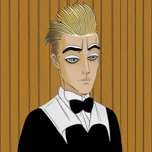 Image similar to cel shaded, square - jawed emotionless serious blonde woman starship engineer, tribal tattoos, handsome, short slicked - back hair, sweating, uncomfortable and anxious, wearing white and gold satin victorian gown with white feathers at opulent formal dinner, looking distracted, awkward, highly detailed, mike mignogna, david mack