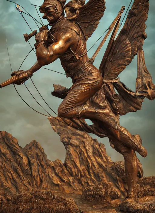 Image similar to An epic fantastic realism comic book style painting of a distressed bronze archery sculpture from the future by Stanislaw Szukalski, beautiful colorful flowers rain down, gilded marbled paper background, winged archer, fisheye lens, unreal 5, DAZ, hyperrealistic, octane render, dynamic lighting