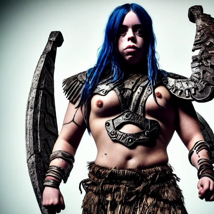 Image similar to full length photo of billie eilish as an muscular amazon warrior, highly detailed, 4 k, hdr, smooth, sharp focus, high resolution, award - winning photo