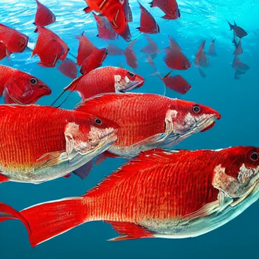 Prompt: award winning nature photo of a group of Red Snapper fish swimming in the ocean, wide view, height quality, photo realistic