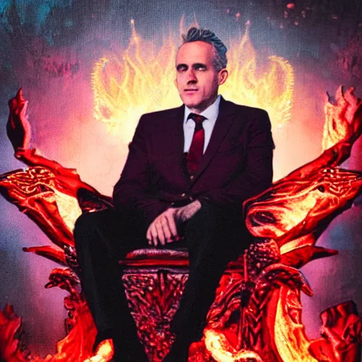 Prompt: jordan peterson seated on the throne of hell, highly detailed, fiery, red hues, lens flare