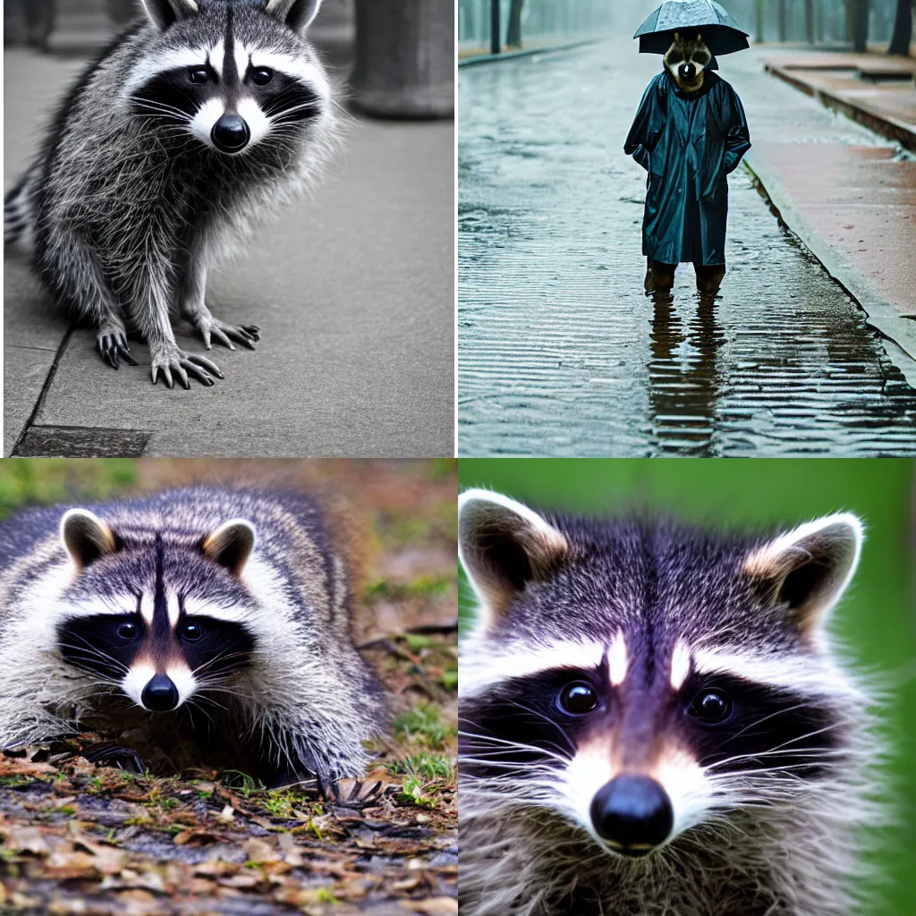 Prompt: a racoon in a raincoat, mid day, Canon 43mm hard light