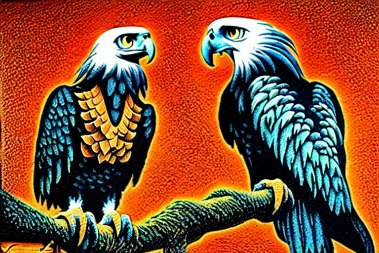 Image similar to harpy eagle carved into wooden desk, carl barks, pointillism, high saturation