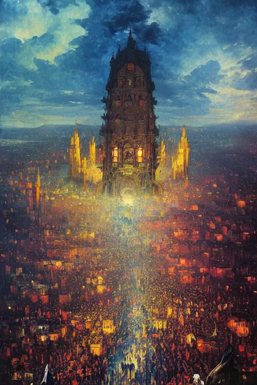 Prompt: the crowned king in disguise, looking down on the crowded streets of the city of blood and prisms from above the mountain, night skies, dramatic light, hyperrealistic, colorful skies, digital art, studio portrait absurdly beautiful, elegant, graceful, john atkinson grimshaw, leonid afremov, wayne barlowe