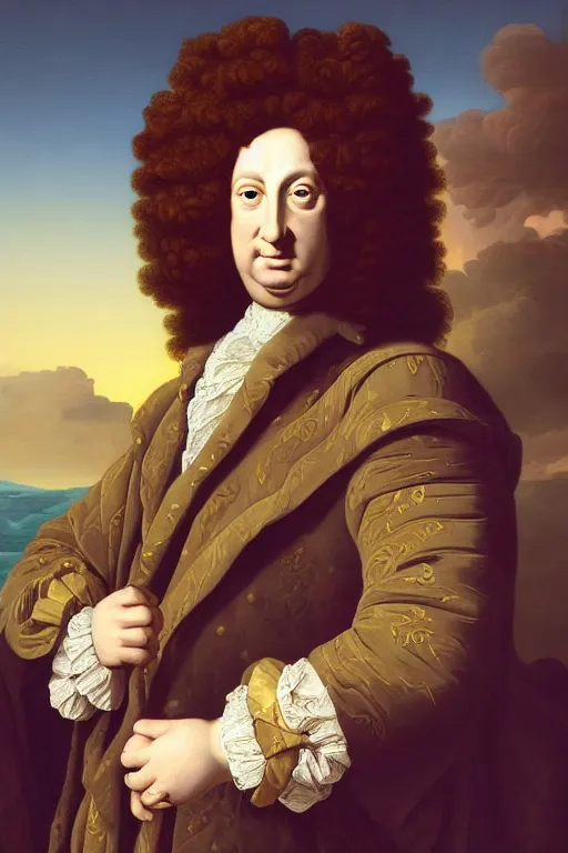 Prompt: vaporwave Dan Mumford style painting (portrait of Louis xiv 1701) in the style Rob Lefield and Dan Mumford Dan Mumford, Dan Mumford, Greg rutkowski, trending on artstation, digital art, surrealism, macro