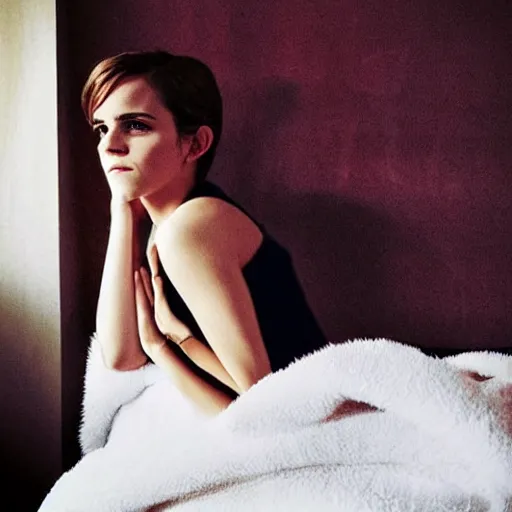 Image similar to emma watson waiting for you in bed at night, smiling shyly, very sleepy, bare shoulders, covered in big fluffy white blanket, dim lighting