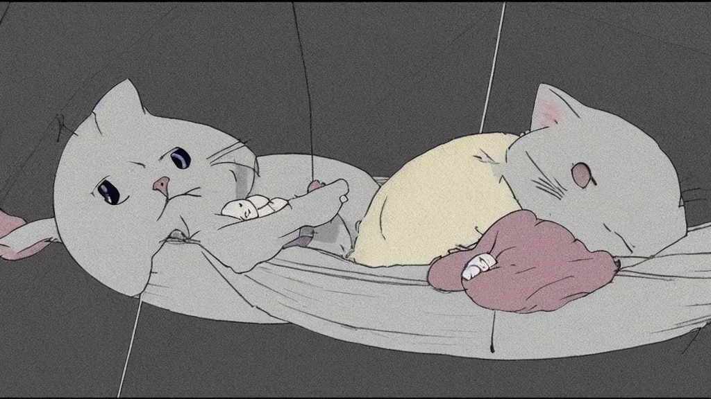 Image similar to grey american shorthair cat sleeping in a hammock, animated still, by studio ghibli, by hayao miyazaki