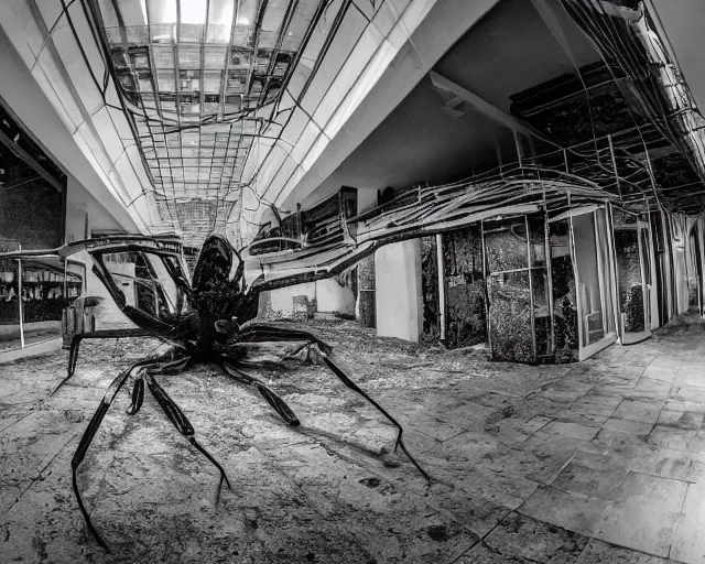 Prompt: camera footage of a gargantuan 15ft spider in an abandoned shopping mall, high exposure, dark, monochrome, camera, grainy, CCTV, security camera footage, timestamp, zoomed in, fish-eye lens, spiders, spider, spider, spider,