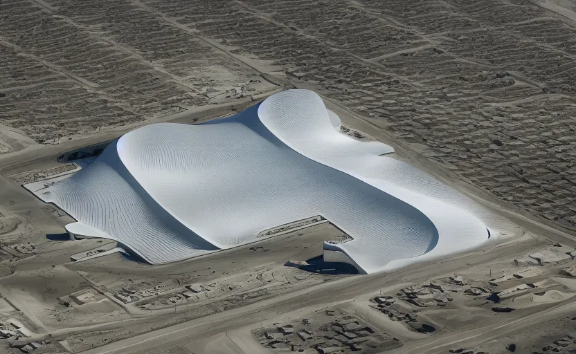 Image similar to parametric structure, medical complex, in the desert beside the gulf, view from above, design by toyo ito, dezeen, architectural photography