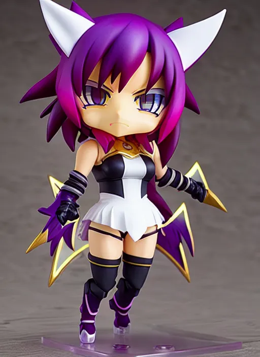 Image similar to arty kda ahri from league of legends nendoroid full body hyperdetalied, hero action pose, osamu tezuka, macoto takahashi, chibi, q posket, 8 k realistic, 3 d, cryengine, exquisite, two hands, focus, symmetrical face, artstation, frostbite 3 engine, cryengine