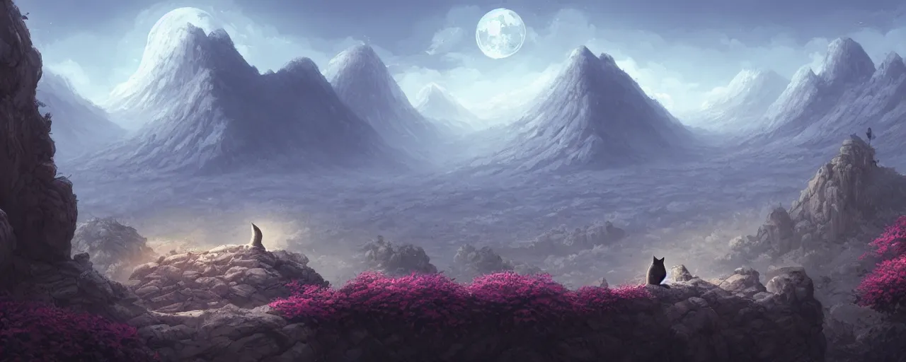 Image similar to cat on the moon, ghibli landscape illustration close floral clearing and mountains in the background, deep focus, d & d, fantasy, intricate, elegant, highly detailed, digital painting, artstation, concept art, matte, sharp focus, illustration, hearthstone, art by fire watch game and greg rutkowski, no characters