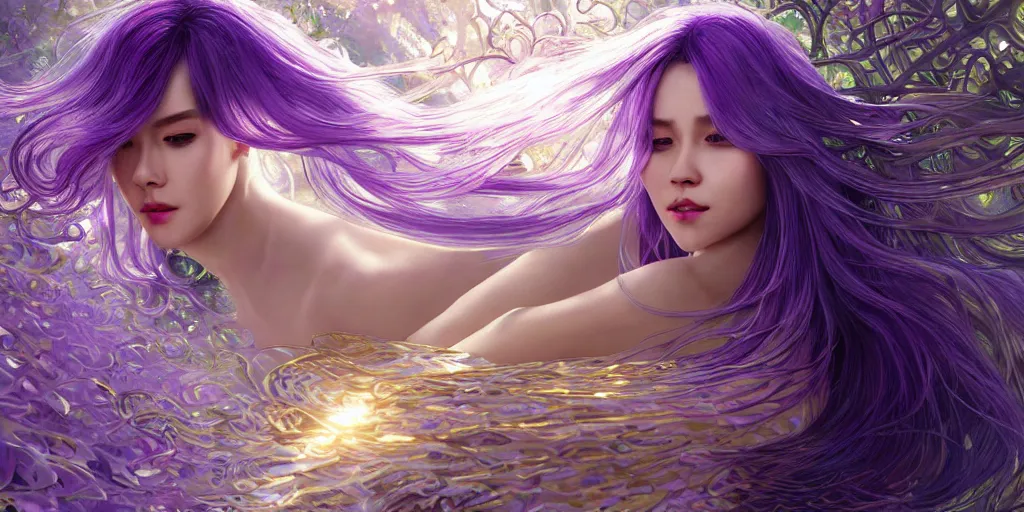 Image similar to wide angle, opalescent purple panther, metallic silver and ice color reflected crystal hair, leaping from babaob tree, fantasy, intricate, very beautiful, elegant, golden light, highly detailed, digital painting, artstation, concept art, smooth, sharp focus, unreal engine, art by wlop and tian zi and alphonse mucha