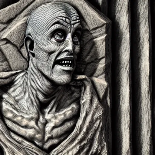 Image similar to rustic antiqued, gothic bas relief of beetlejuice, textured 3 d, intense detail, hyperealism, 4 k