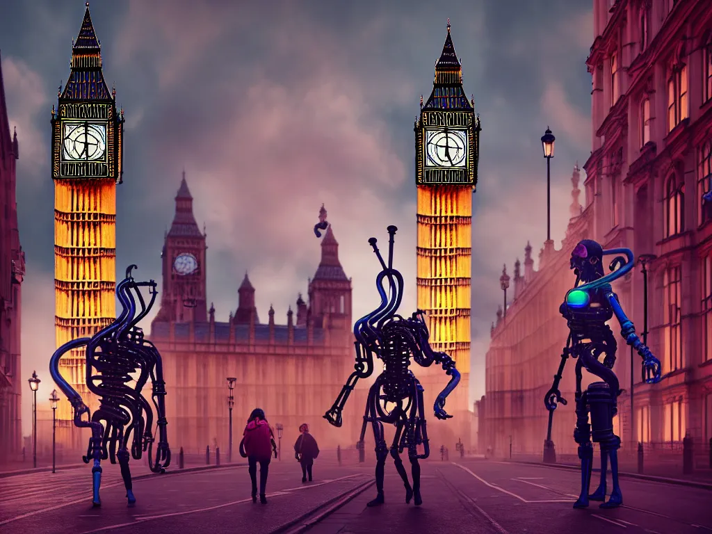 Prompt: a giant ancient beautiful cyborg of the elder gods with pipes and tubes in the city of London, an image of a beautiful cyborg, a beautiful cyborg, a cyborg, London streets with one bigben in the background, colourful, dramatic lighting, spring time, very detailed octane render very realistic beautiful