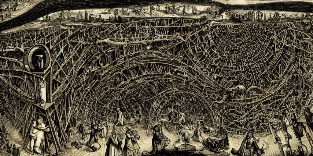 Prompt: labyrinth megastructure in the style of heironymus bosch, dark intricate masterpiece, hyper detailed, hd