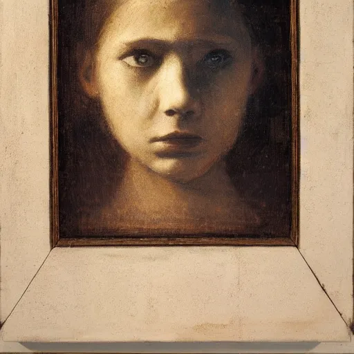 Image similar to violet, family guy by albert pinkham ryder. a beautiful land art. she looks up at me, up & down. she has short - cropped hair, & a scar on her left cheekbone : just a line of black against her deep tan, precise & geometrical. her eyes are pale green.