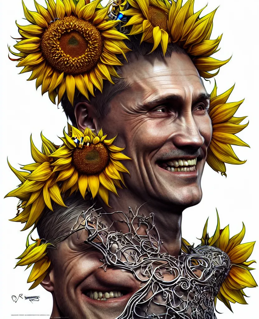 Image similar to digital art, centered full body of Putin smiling king, Sunflower crown, ,intricate, veins, by James Jean and by artgerm , by ross tran ultradetailed, charachter design, concept art, trending on artstation,