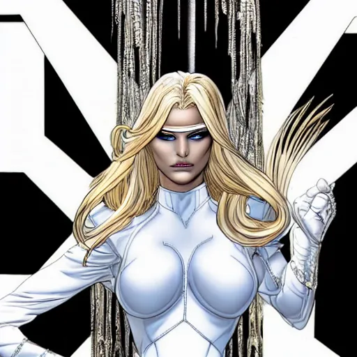 Prompt: Portrait of Abbey Lee as Emma Frost, white leather clothes, intricate, elegant, highly detailed, smooth, sharp focus, detailed face, high contrast, graphic novel, art by Michael Choi and Joe Madureira,