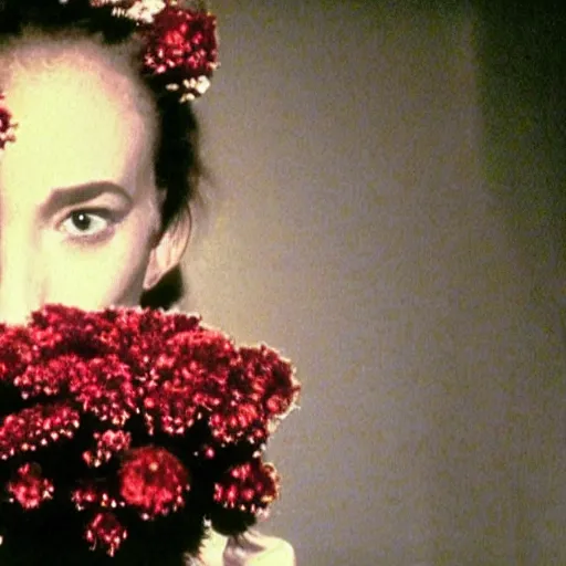 Image similar to movie still of the girl with the flowers head, cinematic composition, cinematic light, by edgar wright and david lynch, surrealist art