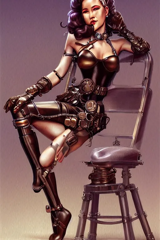 Image similar to retrofuturistic female android tied to a chair, steampunk, gears, detailed mechanical parts, painting by artgerm julie bell Ed Brinkley