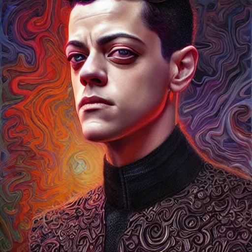 Image similar to portrait of rami malek, hyper detailed masterpiece, neon floral pattern, jean giraud, digital art painting, darkwave goth aesthetic, psychedelic, artgerm, donato giancola and tom bagshaw