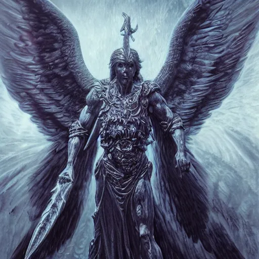 Image similar to photorealistic biblically accurate demonic archangel the style of michael whelan and gustave dore. hyperdetailed photorealism, 1 0 8 megapixels, amazing depth, glowing rich colors, powerful imagery, psychedelic overtones, 3 d finalrender, 3 d shading, cinematic lighting, artstation concept art