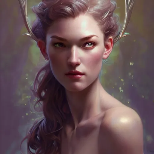 Prompt: stoya portrait of forest gog, female, clear face, masculine, body, muscular, fantasy, intricate, elegant, highly detailed, digital painting, artstation, concept art, matte, sharp focus, illustration, art by artgerm and greg rutkowski and alphonse mucha