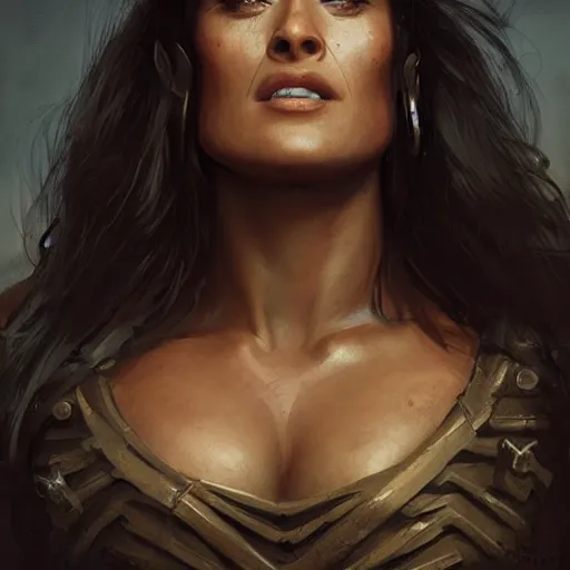 Image similar to portrait, Salma Hayek , barbarian , face portrait, raphael lacoste, eddie mendoza, alex ross, concept art, matte painting, highly detailed, rule of thirds, dynamic lighting, cinematic, detailed, denoised, centred